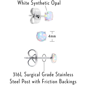 White Synthetic Opal Stainless Steel Post Stud Earring Pack Set of 3