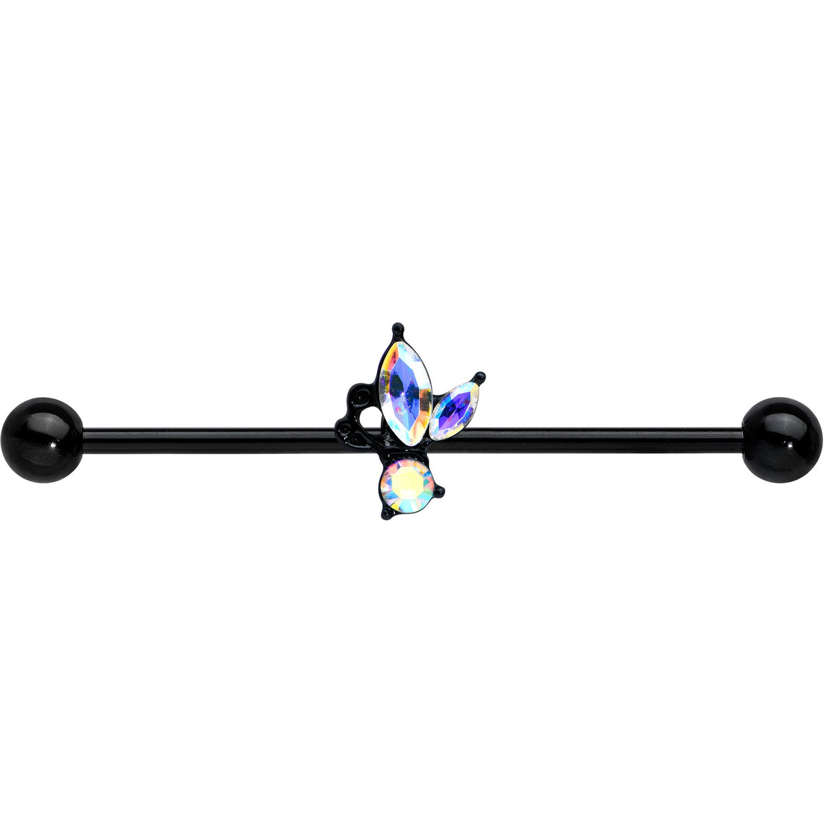 14G Aurora CZ Gem Black Fleur de Lis Butterfly Industrial Barbell 38mm