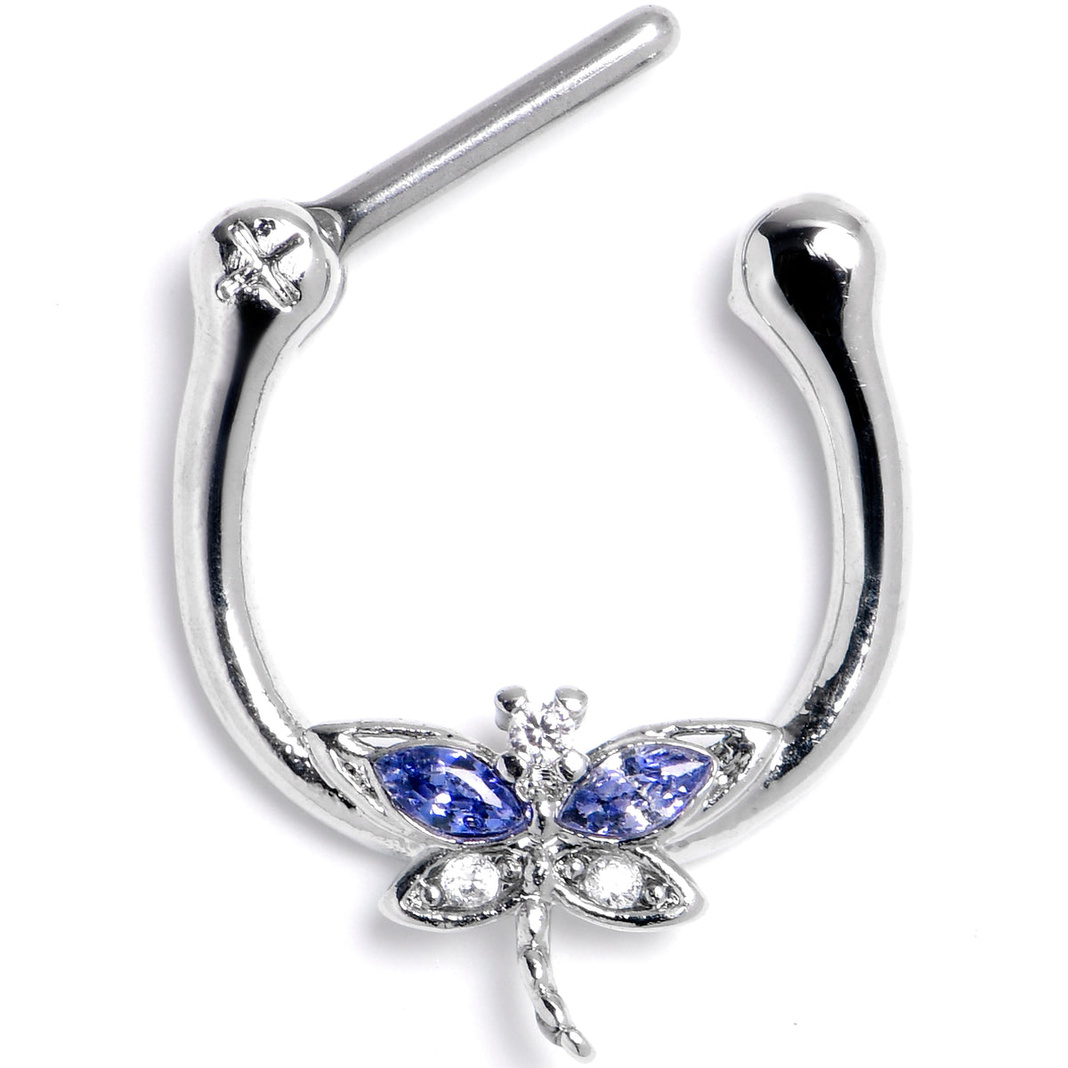 16G  5/16 Blue Clear CZ Gem Dragonfly Style Cartilage Clicker