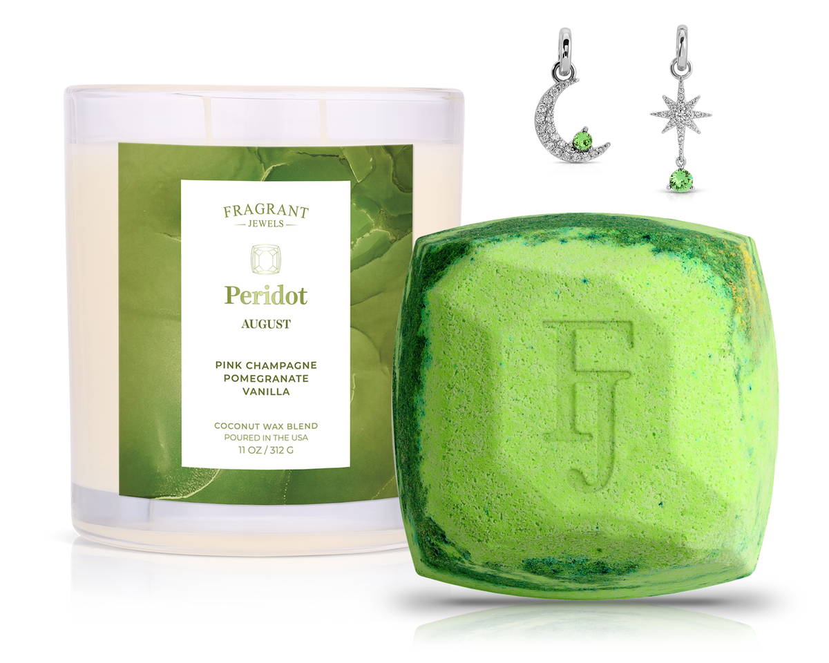 August Peridot Birthstone Charm - Candle and Bath Bomb Set