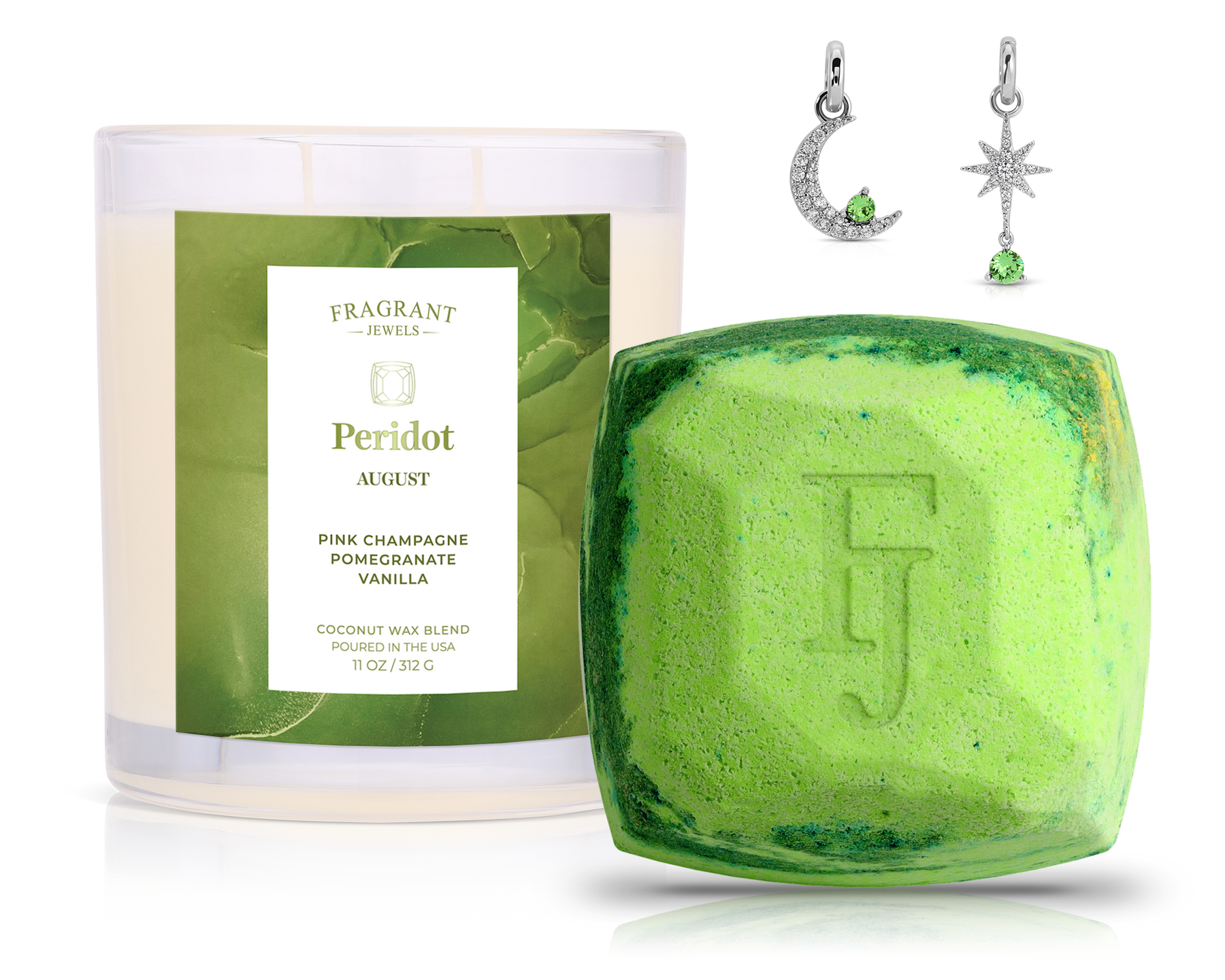 August Peridot Birthstone Charm - Candle and Bath Bomb Set