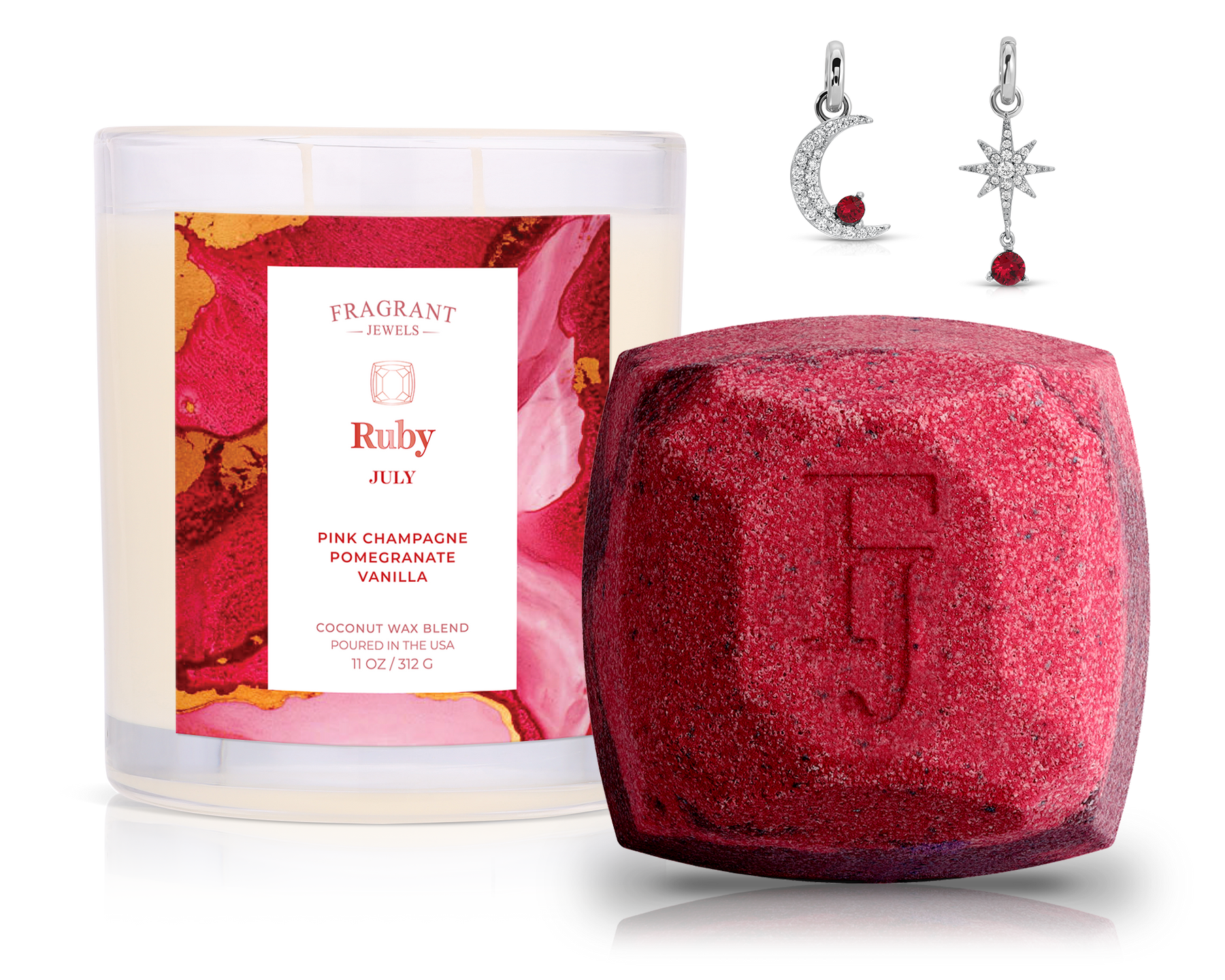 July Ruby Birthstone Charm - Candle and Bath Bomb Set