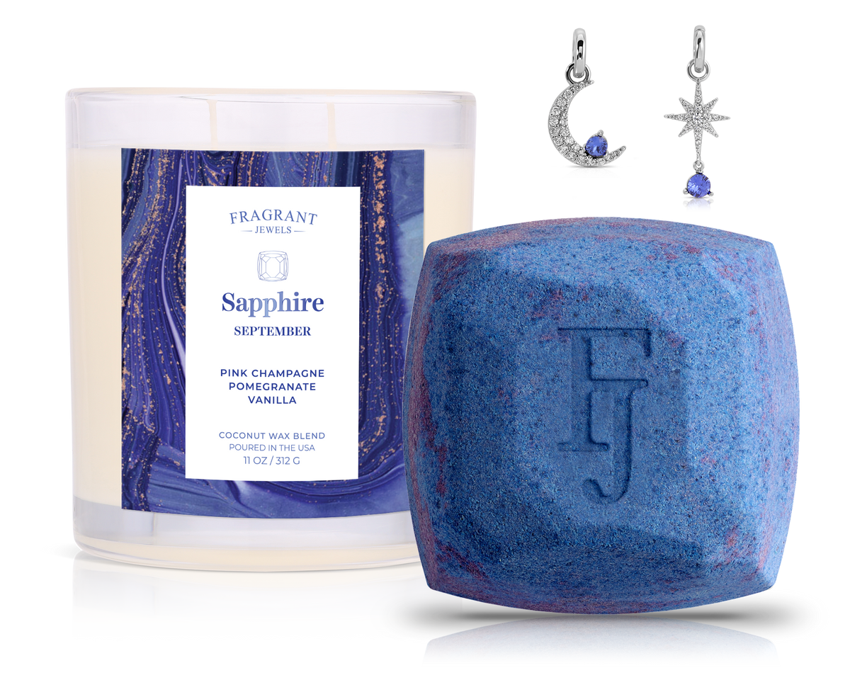 September Sapphire Birthstone Charm - Candle and Bath Bomb Set