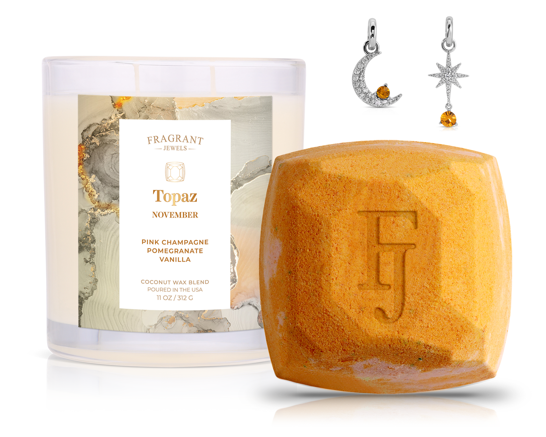 November Topaz Birthstone Charm - Candle and Bath Bomb Set