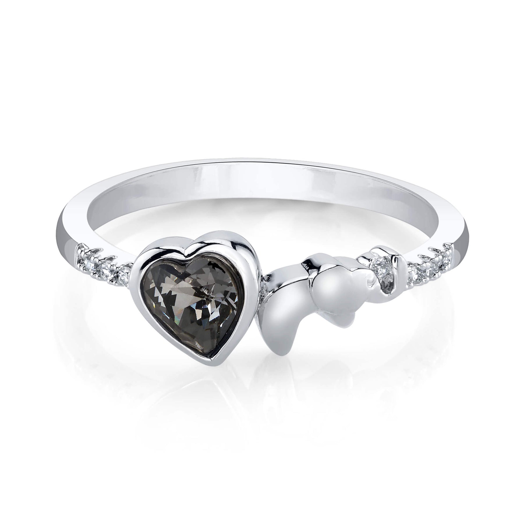 Elephant Silver Ring with Night Swarovski Crystal Heart Center Stone