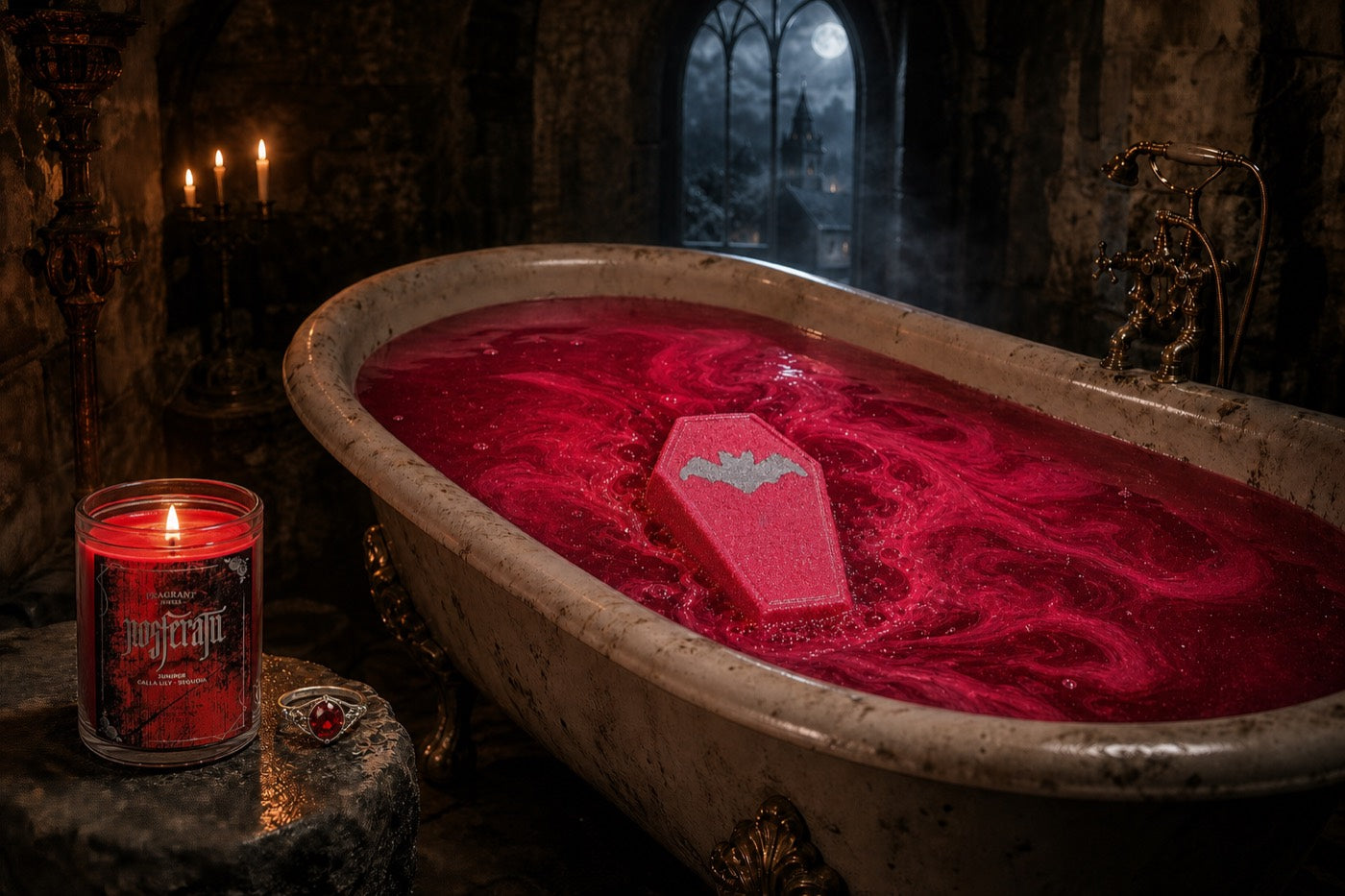 The Nosferatu candle burning beside a clawfoot tub of crimson bathwater as the coffin bath bomb dissolves